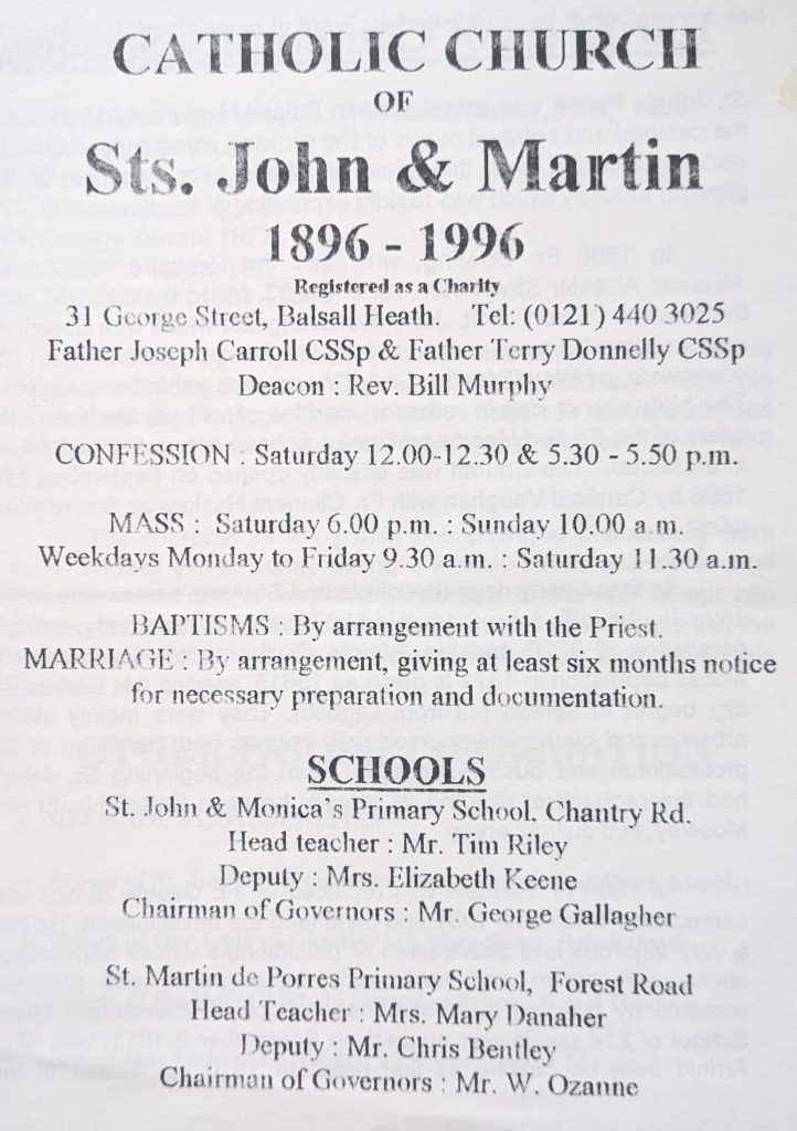 Inside cover of a Souvenir leaflet from 1996