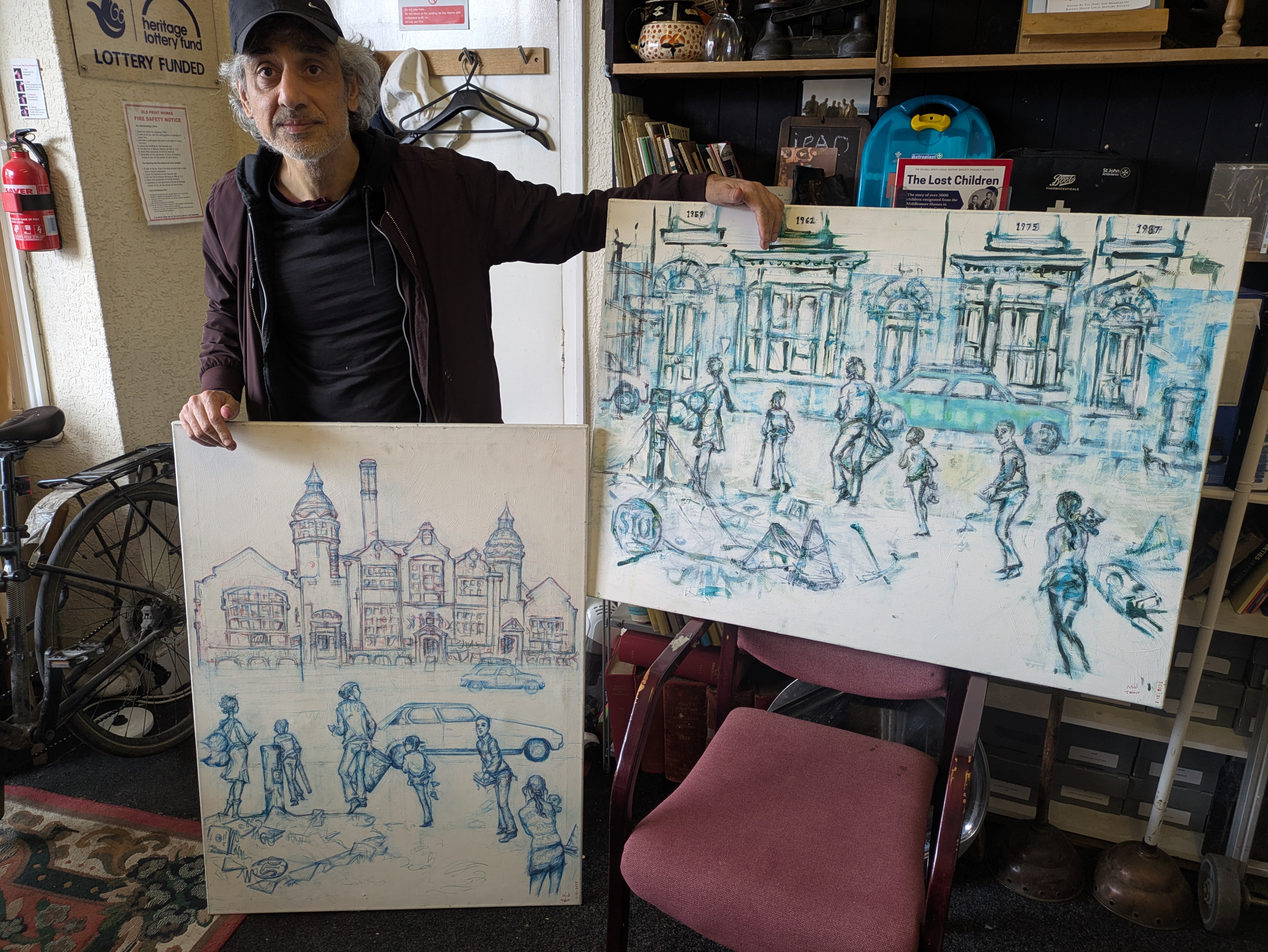 Muhmood Tahir with his artwork in our Old Print Works Office