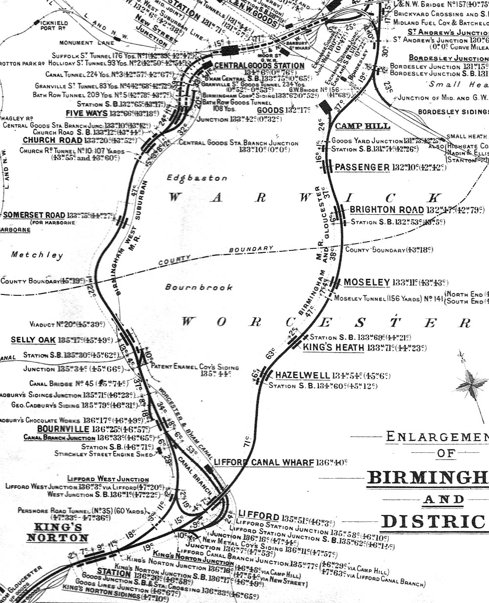 Part of Midland Railway Distance Diagram Sheet 47 dated 1913 showing the two routes south from New Street to Kings Norton.

Original Print supplied by Malcolm Peakman